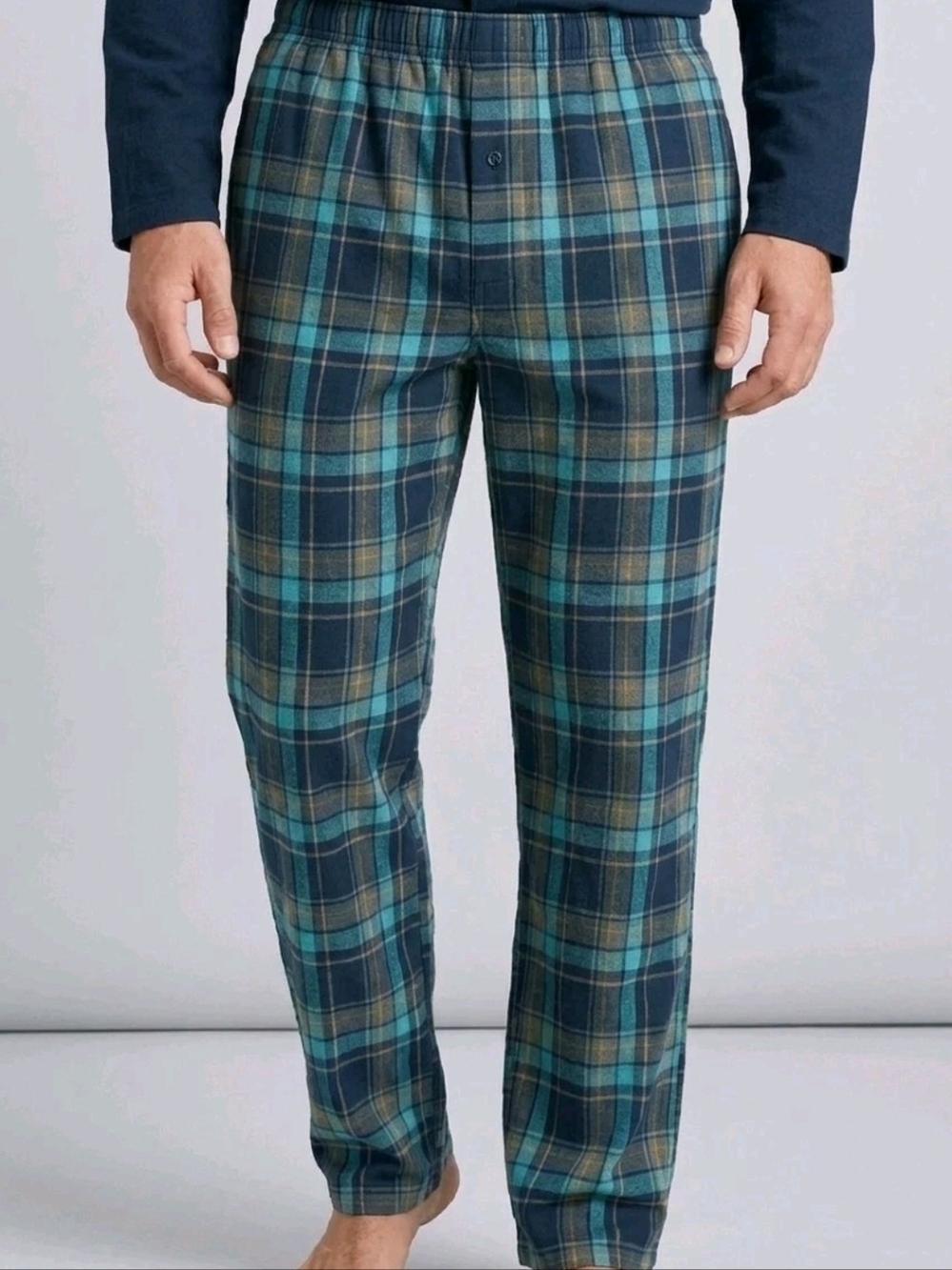Vtg LL Bean Pajama Pants Mens Large Green Blue Plaid Lounge Flannel Sleepwear